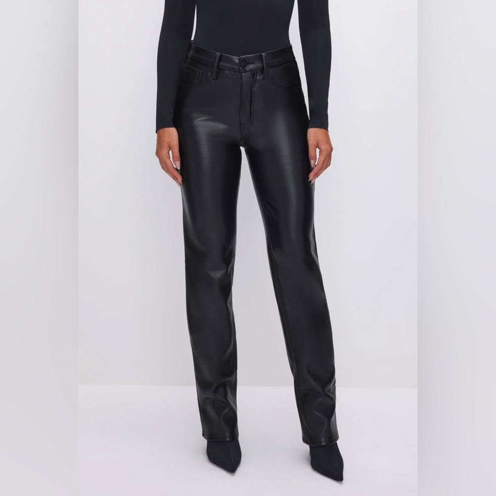Good American Black Straight Leg Faux Leather Pants